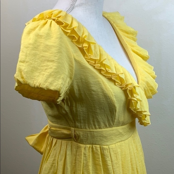 Ya Los Angeles Sunny yellow, silky ruffle V neck wrap babydoll mini dress S - Picture 4 of 8